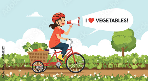 Happy girl riding a tricycle with a basket full of fresh vegetables while using a megaphone to promote healthy eating.