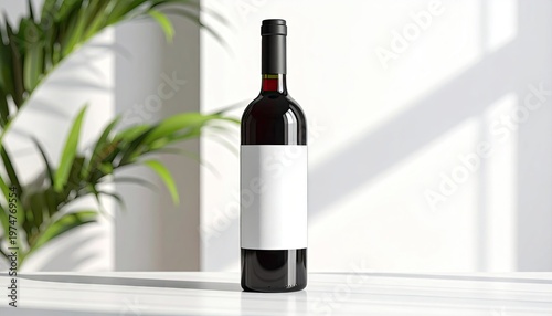 Minimalist Studio Shot of a Red Wine Bottle with Blank Label and Green Plant Shadows.