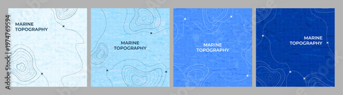 Vector illustration. Set blue marine topography backgrounds with contour lines and grid overlays. Minimalist ocean terrain patterns for modern designs, web banners, social media posts, advertising