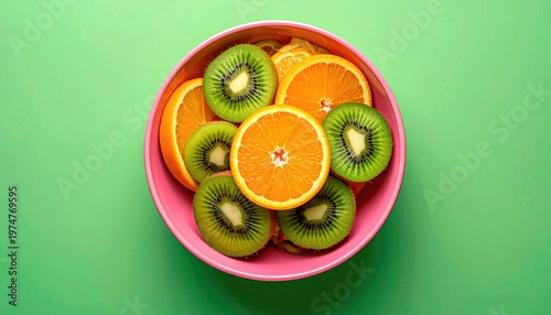 Freshly Sliced Oranges and Kiwis in a Pink Bowl on Green Background.