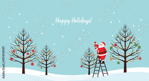 Santa Claus standing on a tall ladder to decorate pine trees with colorful ornaments in a snowy winter landscape.