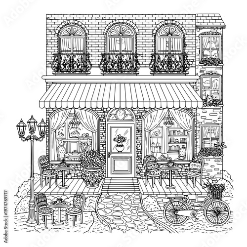 Anti-Stress Coloring For Adults And Children Features A Detailed Coffee Shop Interior