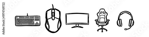 Set of hand-drawn gaming peripherals icons including a keyboard, mouse, monitor, gaming chair, and headset. Minimalist black line art isolated on a white background for e-sports design.