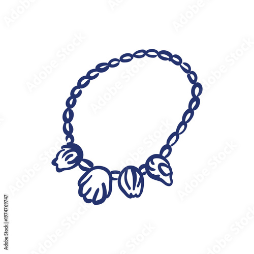 Hand-drawn minimalist doodle of a beach necklace decorated with various sea shells. Simple blue line art sketch representing summer vacations, tropical souvenirs, and coastal fashion.