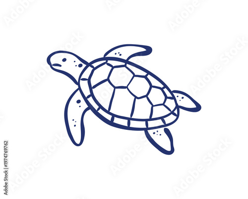 Hand-drawn minimalist doodle of a sea turtle swimming. Simple blue line art sketch representing marine life, ocean conservation, and tropical nature. Isolated on a light background.