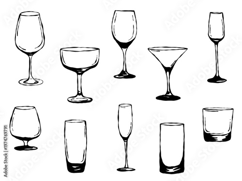 Set of different glasses and goblets line art, black outline drinkware collection, wine cocktail glasses vector illustration
