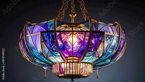 Ornate vintage stained glass chandelier with vibrant purple and blue hues.