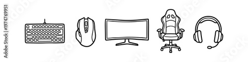Hand-drawn line art doodle set of pro gaming gear featuring a mechanical keyboard, mouse, curved monitor, ergonomic chair, and headset. Minimalist vector illustration for gamers and tech.