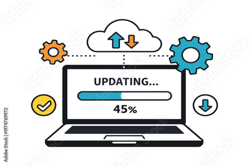 A digital illustration of a laptop screen showing an active software update progress bar at 45%