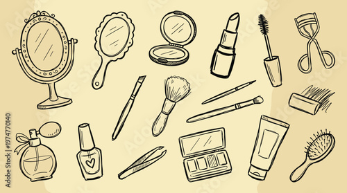 Charming hand-drawn collection of beauty and makeup essentials arranged on a vintage textured background, perfect for cosmetic blogs and fashion illustrations