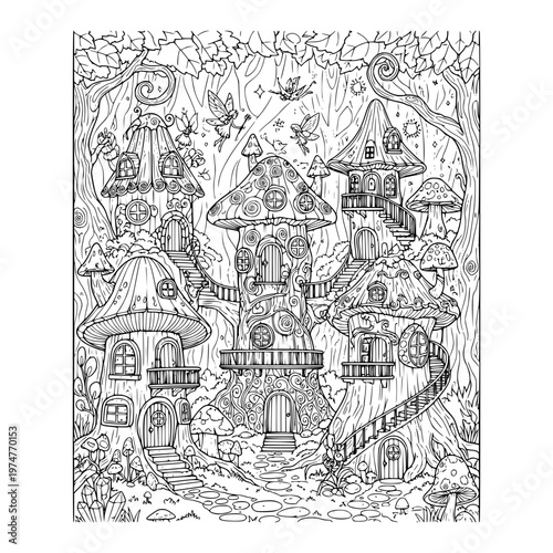 Fairyland Mushroom Houses With Flowers Coloring Page