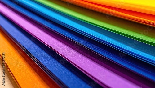 Vibrant rainbow colored paper sheets fanned out in a spectrum.