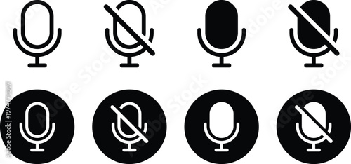 Microphone Status Vector Icon Set for Audio Mute Recording Interface Design