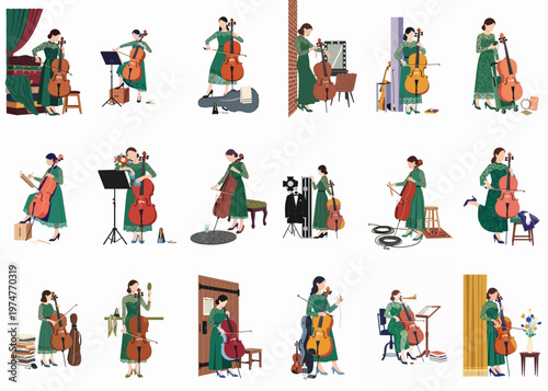 Comprehensive collection of illustrations featuring a female cellist in a green lace dress practicing and performing in various backstage and stage settings.