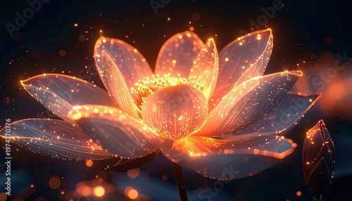Ethereal glowing lotus flower with magical sparkling lights.