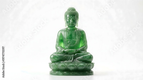 Translucent Jade Green Sitting Buddha Statue with Polished Finish and Realistic Light Scattering Isolated on White Background