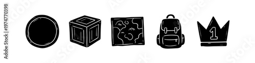 Hand-drawn adventure and gaming icon set featuring a coin, wooden crate, map, backpack, and winner's crown. Minimalist black doodle style for game UI, travel blogs, and creative projects.
