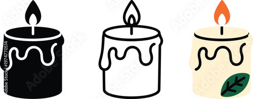 Set of scented candle vector icons with dripping wax and flame in black silhouette line art and organic color styles.