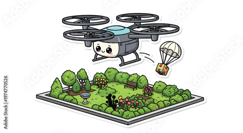 Drone flying over garden with hot air balloon, aerial view