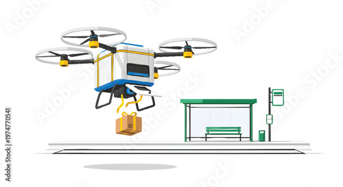 Drone delivering package to bus stop with green roof