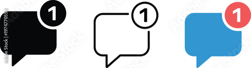 Set of speech bubble chat icons with red notification badge number one in solid outline and flat color styles