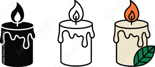 Set of scented candle vector icons with dripping wax and flame in black silhouette line art and organic color styles