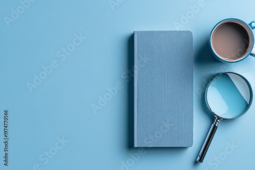 Top View of Blue Striped Notebook Next to a Magnifying Glass and Coffee Cup on a Textured Blue Background with Soft Lighting Ideal for Study or Work Themes