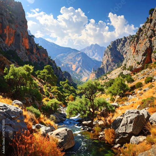 A serene mountain valley with a river