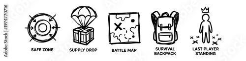 Hand-drawn battle royale gaming icons set featuring safe zone, supply drop crate, battle map, survival backpack, and last player standing winner. Minimalist black and white doodle style.