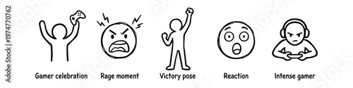 Hand-drawn minimalist icons showing gamer emotions: celebration, rage, victory, shock, and intensity. Black and white doodle style set perfect for gaming content, streaming, and esports.