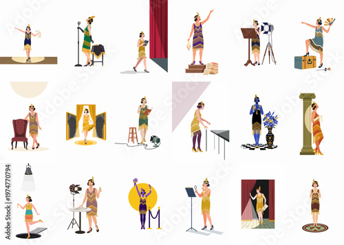 A Comprehensive Collection of 1920s Flapper Girl Illustrations in Various Theatrical and Performance Scenarios, Featuring Vintage Fashion and Art Deco Style.