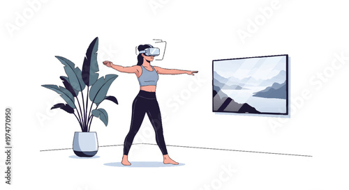 woman wearing VR headset exercising in modern room with plant