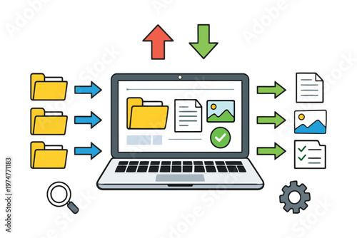 An illustration showing a laptop transferring digital data files with incoming and outgoing arrows
