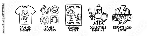 Hand-drawn collection of gaming merchandise icons featuring a level up t-shirt, stickers, dragon poster, knight figurine, and esports badge. Minimalist black and white line art illustrations.