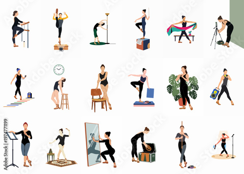 Collection of minimalist vector illustrations depicting ballerinas in various poses, practicing, stretching, and performing in a flat art style.