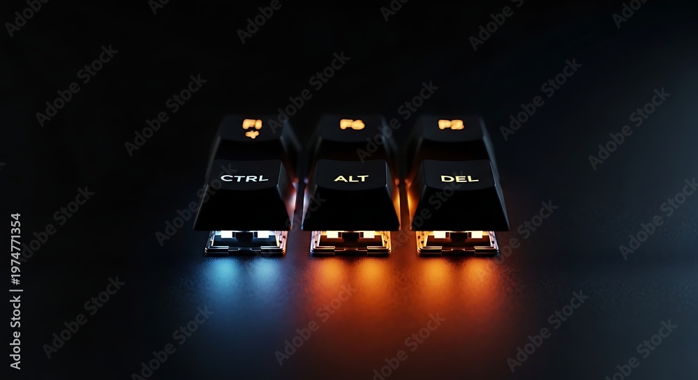 Obraz premium Illuminated CTRL ALT DEL Keyboard Keys on Dark Reflective Surface.