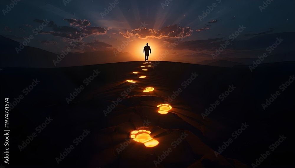 Fototapeta premium A man walks towards a bright sunset with a path of glowing footprints leading the way