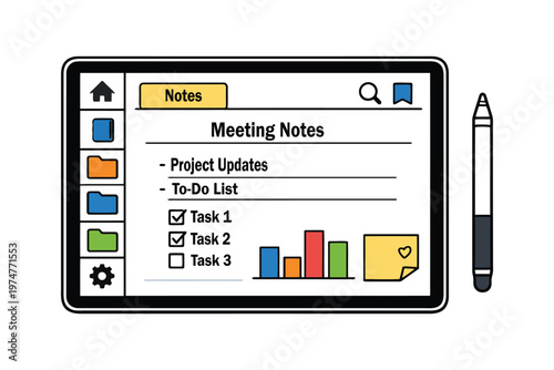 A digital tablet displaying organized meeting notes and task lists with a stylus positioned nearby