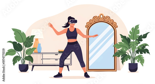 woman wearing VR headset exercising at home with plants