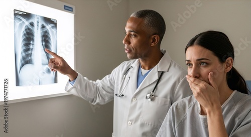 Doctor explaining chest X-ray to worried patient in clinic  