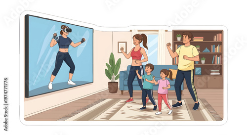 Family following online workout video at home with kids