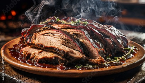 Juicy, Smoked Brisket Slices with Barbecue Sauce and Herbs