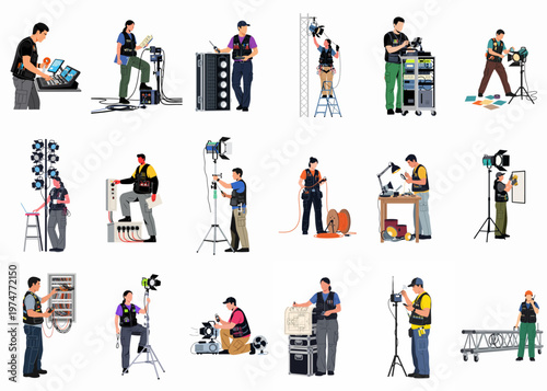 Comprehensive collection of flat vector illustrations showing a professional technical crew working with lighting, sound, and staging equipment for film and theatre.