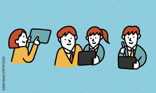 スマートデバイスで勉強する学生たちのイラスト