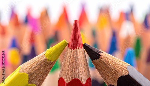 Macro view of sharpened colored pencil tips in a vibrant spectrum.