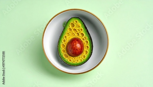 Single halved avocado with pit in a white bowl on a pastel green background.