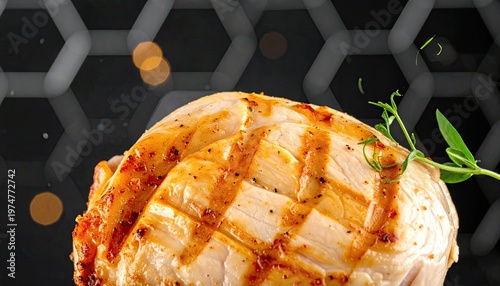 Delicious Grilled Chicken Breast with Herbs and Spices Close Up.