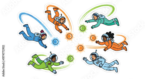 Diverse cartoon astronauts floating in space with colorful balls