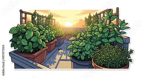 Vibrant rooftop garden with lush green plants at sunset