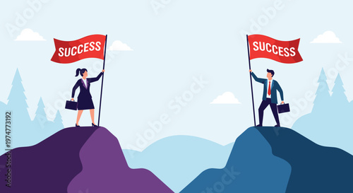 Business superheroes man and woman in capes flying upwards while holding a red success arrow in the cloudy sky.